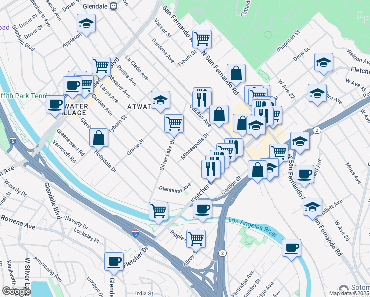 map of restaurants, bars, coffee shops, grocery stores, and more near 3187 Atwater Avenue in Los Angeles