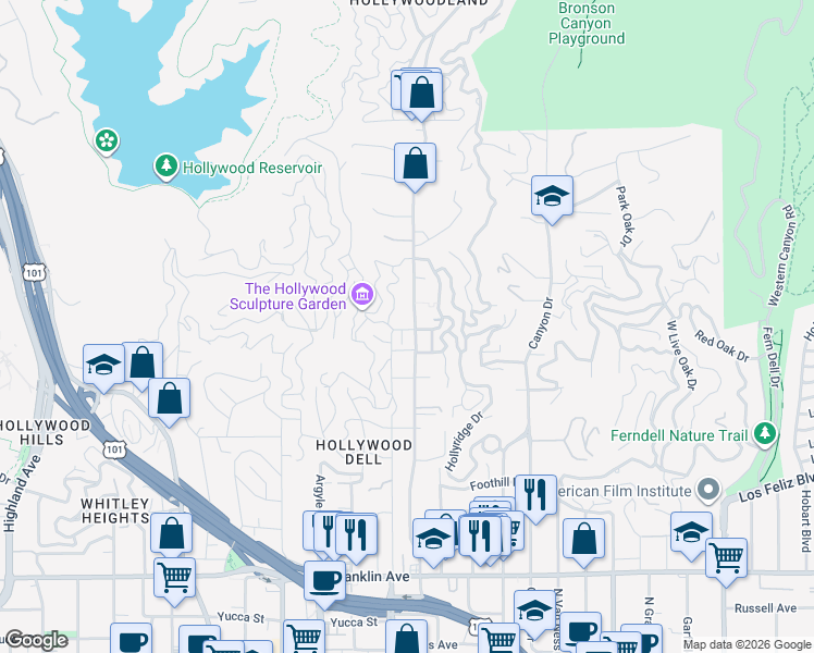 map of restaurants, bars, coffee shops, grocery stores, and more near 2327 North Beachwood Drive in Los Angeles