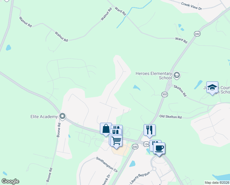 map of restaurants, bars, coffee shops, grocery stores, and more near 132 Caldwell Lane in Hoschton