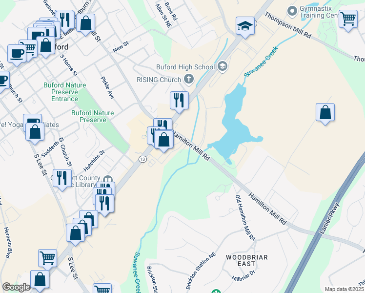 map of restaurants, bars, coffee shops, grocery stores, and more near 4685 White Buckeye Drive in Buford