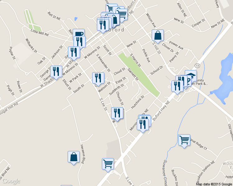 map of restaurants, bars, coffee shops, grocery stores, and more near 613 South Church Street in Buford