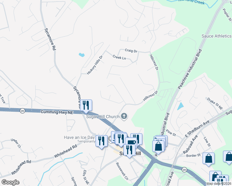map of restaurants, bars, coffee shops, grocery stores, and more near 5180 Hillcrest Glenn Drive in Sugar Hill