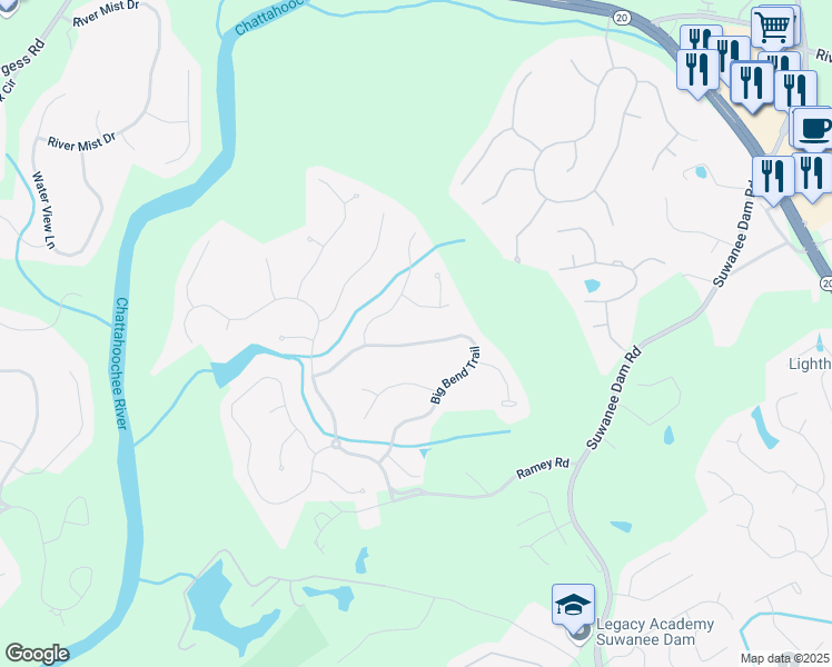 map of restaurants, bars, coffee shops, grocery stores, and more near 420 Big Bend Trail in Sugar Hill