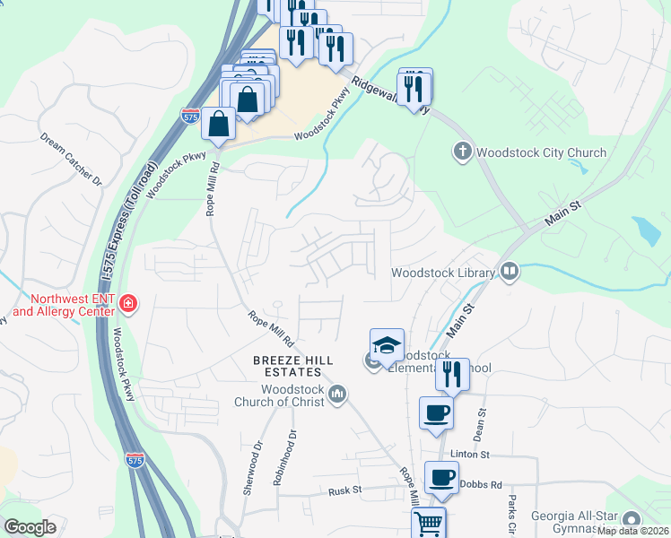 map of restaurants, bars, coffee shops, grocery stores, and more near 1411 Bay Overlook Drive in Woodstock