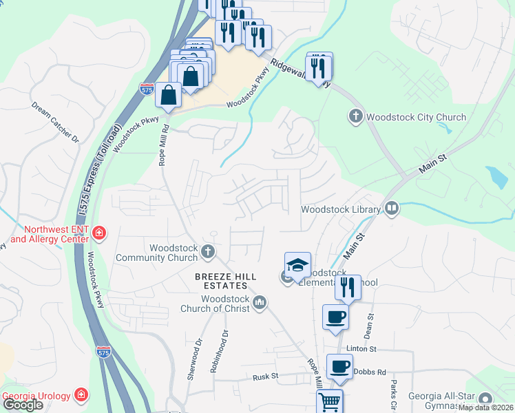 map of restaurants, bars, coffee shops, grocery stores, and more near 718 Breeze Lane in Woodstock