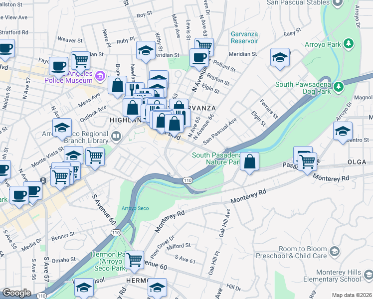 map of restaurants, bars, coffee shops, grocery stores, and more near 6445 Roble Avenue in Los Angeles