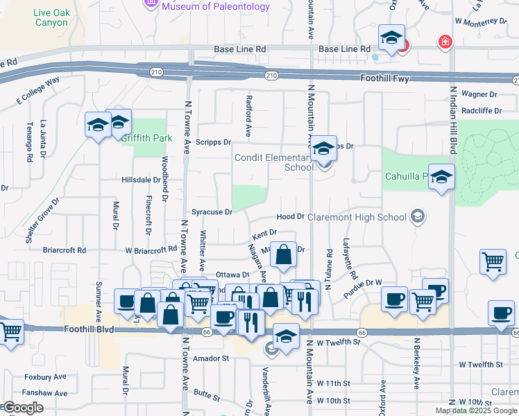 map of restaurants, bars, coffee shops, grocery stores, and more near 880 Syracuse Drive in Claremont