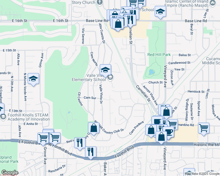 map of restaurants, bars, coffee shops, grocery stores, and more near 8480 Camino Sur in Rancho Cucamonga