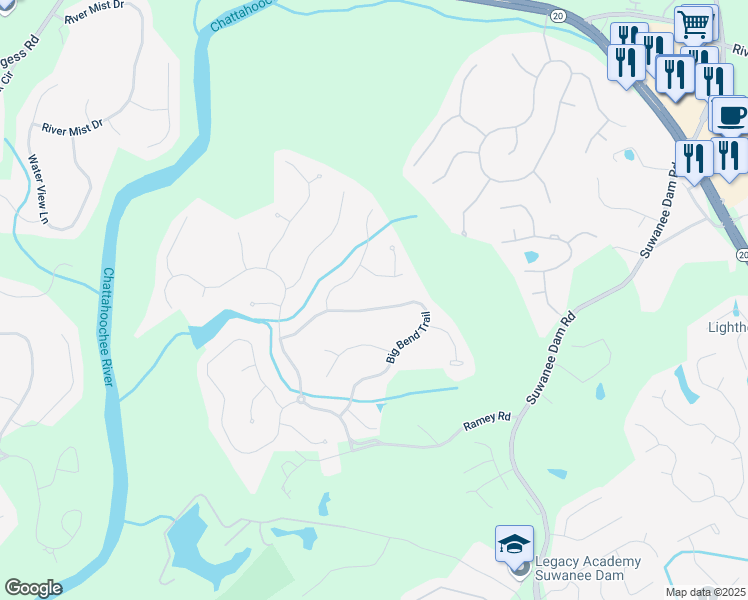 map of restaurants, bars, coffee shops, grocery stores, and more near 420 Big Bend Trail in Sugar Hill