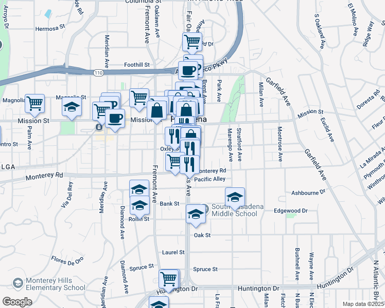 map of restaurants, bars, coffee shops, grocery stores, and more near 1116 Fair Oaks Avenue in South Pasadena