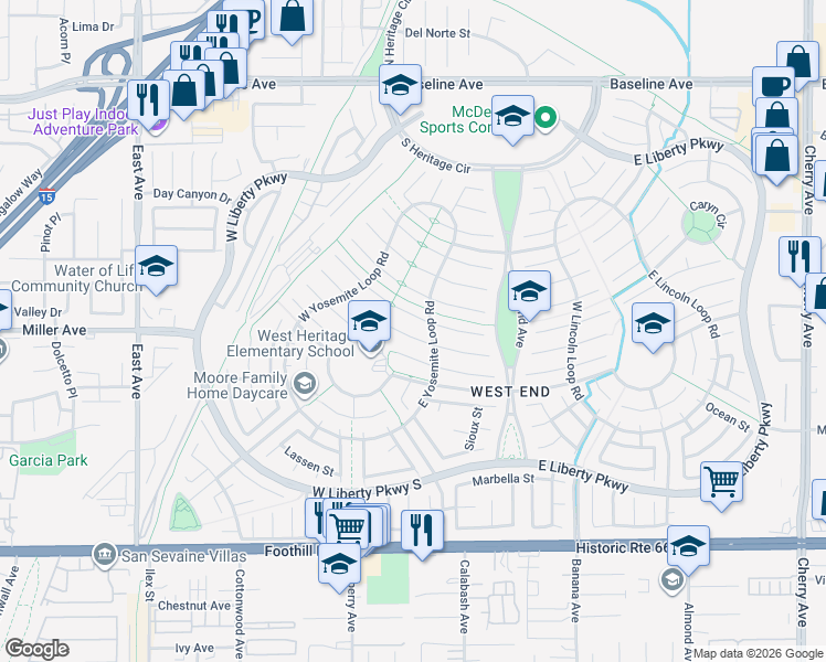map of restaurants, bars, coffee shops, grocery stores, and more near 13675 Balboa Court in Fontana