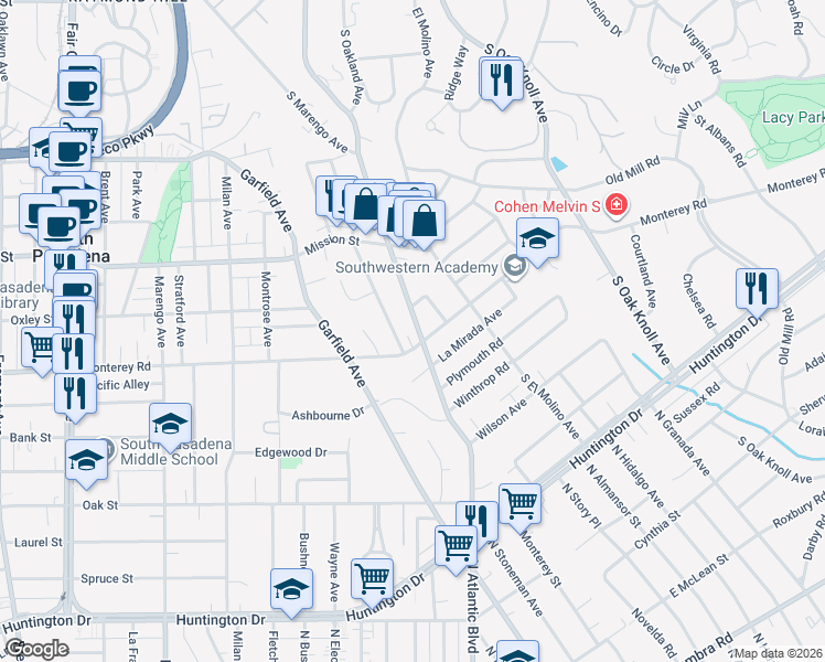 map of restaurants, bars, coffee shops, grocery stores, and more near 2445 Monterey Road in San Marino