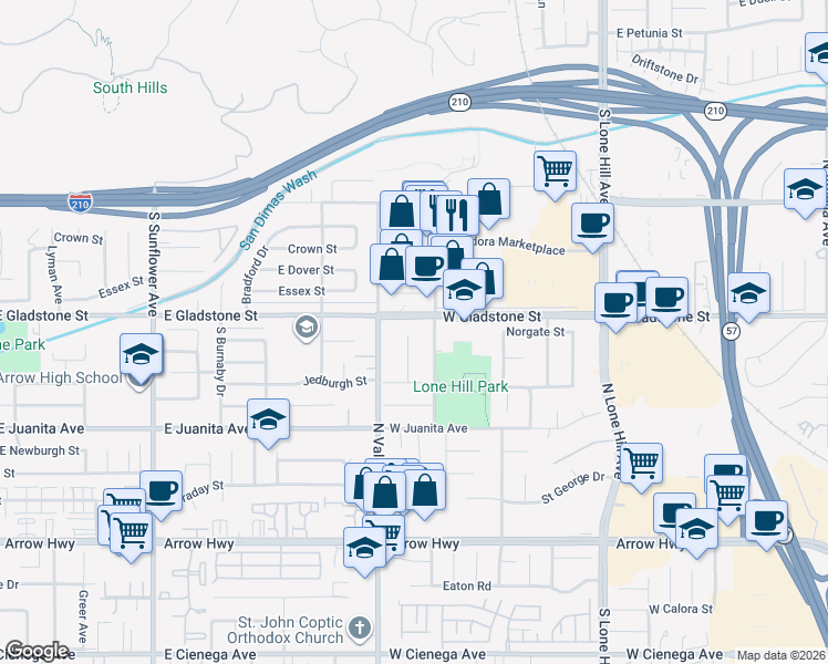map of restaurants, bars, coffee shops, grocery stores, and more near 630 North Darwood Avenue in San Dimas