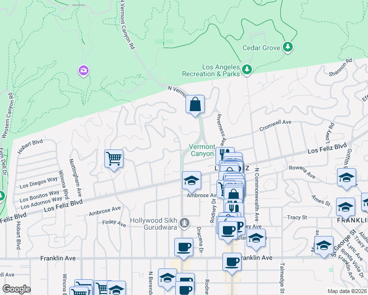 map of restaurants, bars, coffee shops, grocery stores, and more near 2400 Glendower Avenue in Los Angeles