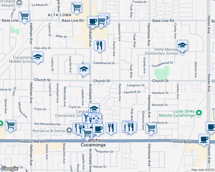 map of restaurants, bars, coffee shops, grocery stores, and more near 9812 Casiano Court in Rancho Cucamonga