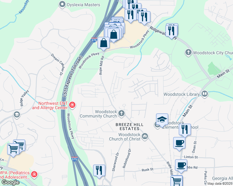 map of restaurants, bars, coffee shops, grocery stores, and more near 490 Ridge Trail in Woodstock
