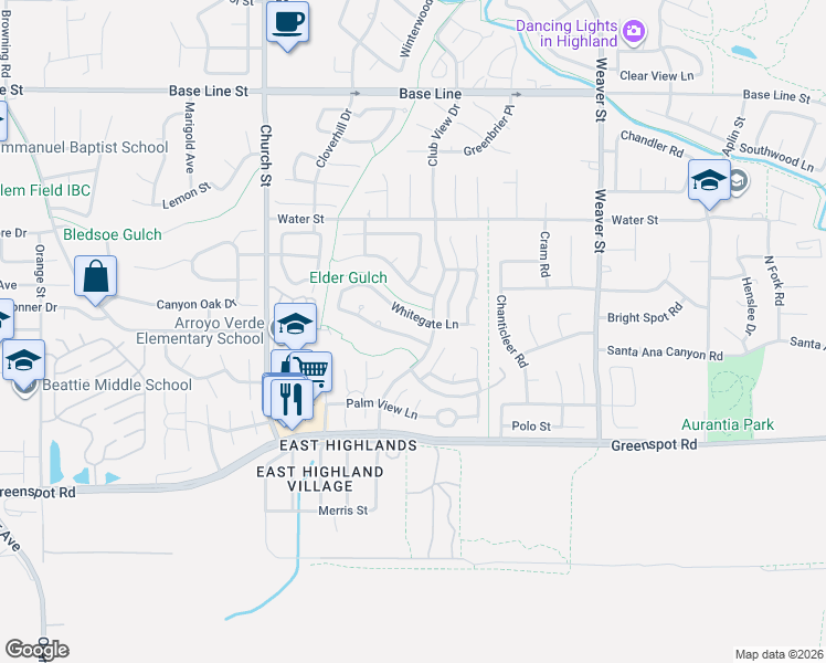map of restaurants, bars, coffee shops, grocery stores, and more near 29183 Stonegate Lane in Highland