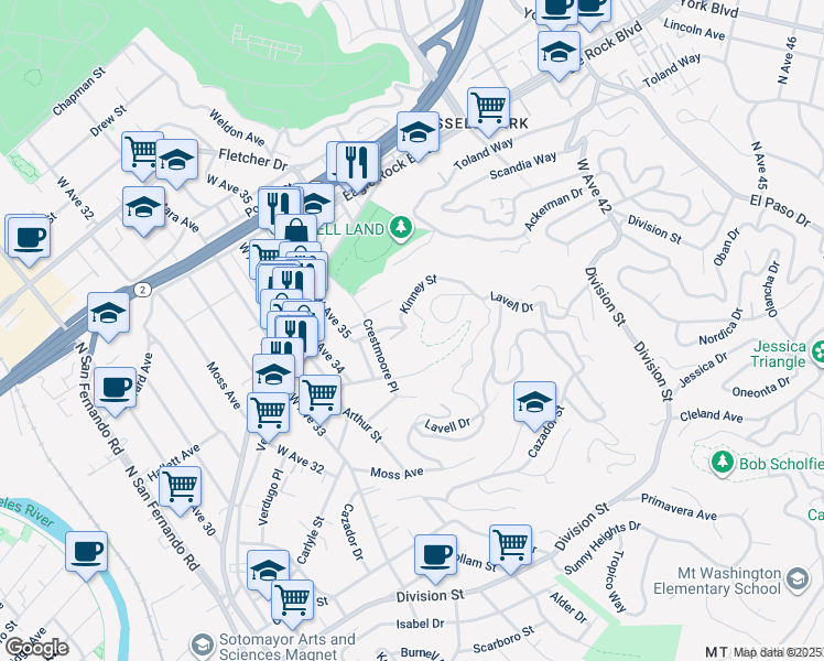 map of restaurants, bars, coffee shops, grocery stores, and more near 3556 Kinney Street in Los Angeles