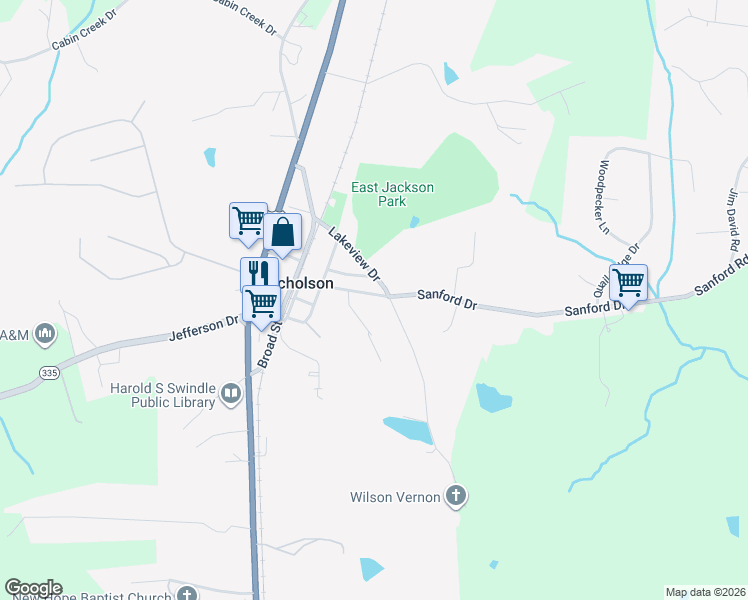 map of restaurants, bars, coffee shops, grocery stores, and more near 204 Sanford Drive in Nicholson