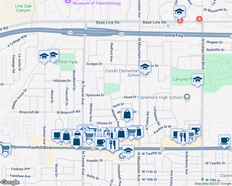map of restaurants, bars, coffee shops, grocery stores, and more near 880 Syracuse Drive in Claremont