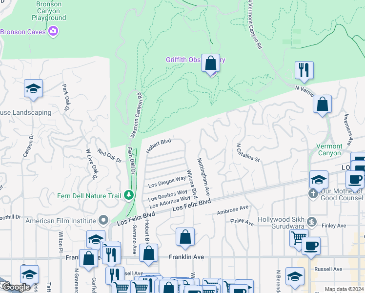 map of restaurants, bars, coffee shops, grocery stores, and more near 2267 Winona Boulevard in Los Angeles