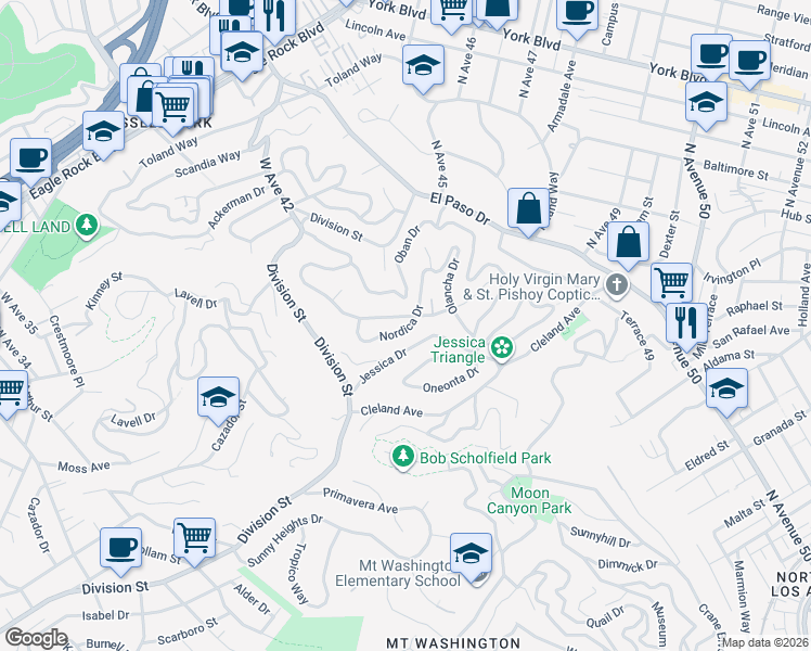 map of restaurants, bars, coffee shops, grocery stores, and more near 981 Nordica Drive in Los Angeles