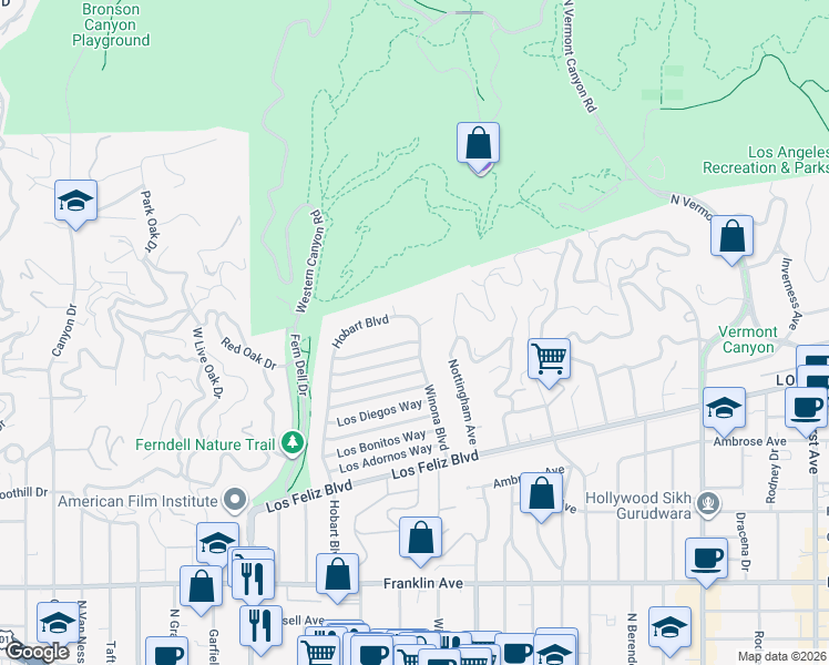 map of restaurants, bars, coffee shops, grocery stores, and more near 2267 Winona Boulevard in Los Angeles