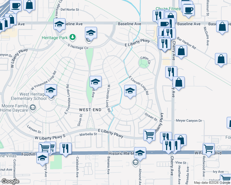 map of restaurants, bars, coffee shops, grocery stores, and more near 14086 Valley Forge Court in Fontana