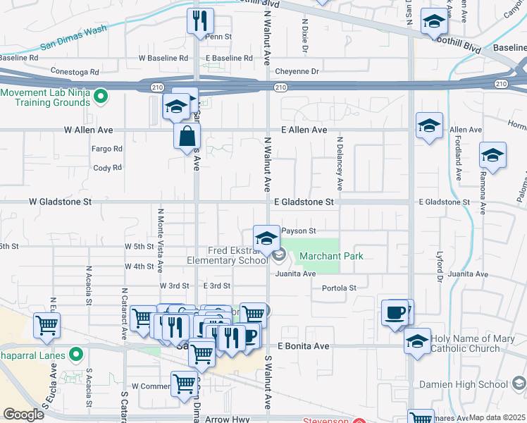 map of restaurants, bars, coffee shops, grocery stores, and more near 615 North Walnut Avenue in San Dimas