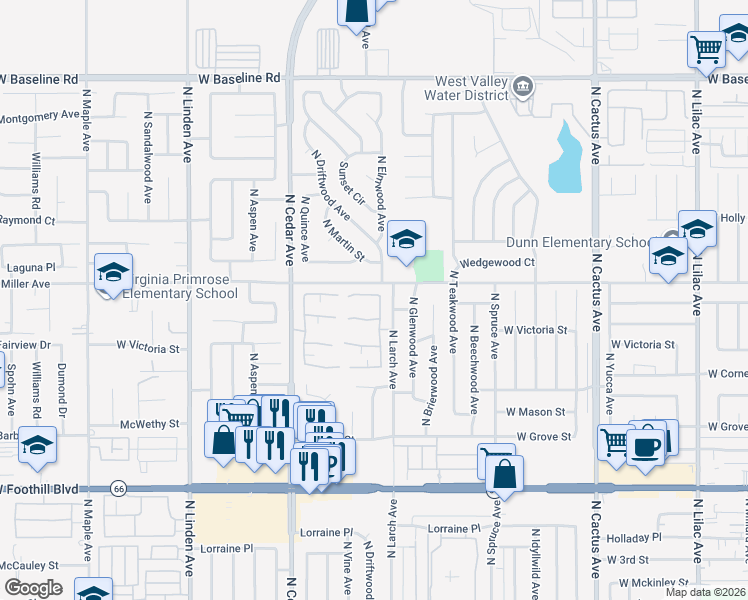 map of restaurants, bars, coffee shops, grocery stores, and more near 1119 West Morgan Street in Rialto