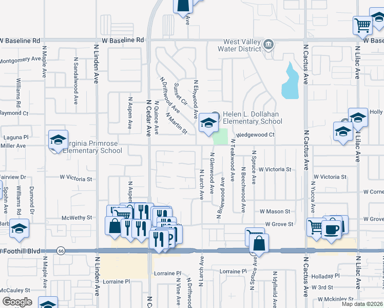 map of restaurants, bars, coffee shops, grocery stores, and more near 1118 West Van Koevering Street in Rialto