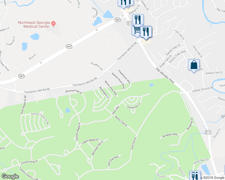 map of restaurants, bars, coffee shops, grocery stores, and more near Monta Vista Way in Braselton