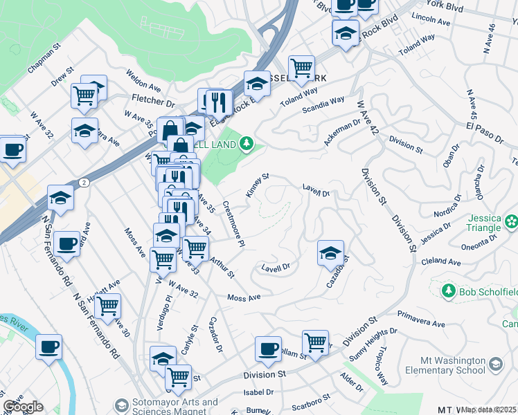 map of restaurants, bars, coffee shops, grocery stores, and more near 2527 El Rosa Drive in Los Angeles