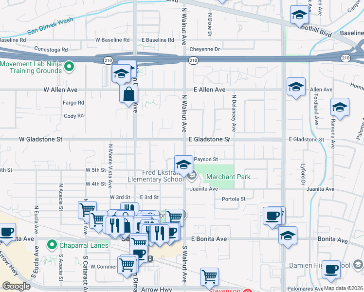 map of restaurants, bars, coffee shops, grocery stores, and more near 615 North Walnut Avenue in San Dimas