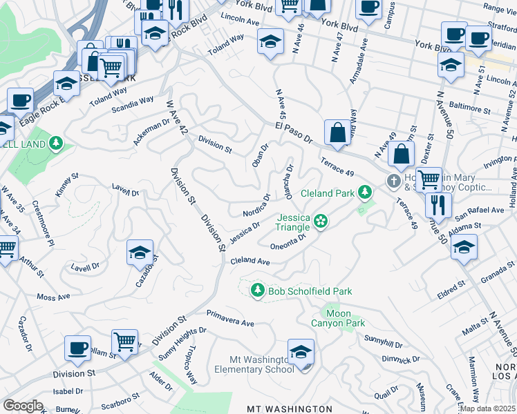 map of restaurants, bars, coffee shops, grocery stores, and more near 981 Nordica Drive in Los Angeles
