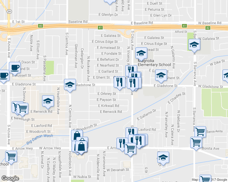 map of restaurants, bars, coffee shops, grocery stores, and more near 5508 North Fenimore Avenue in Azusa