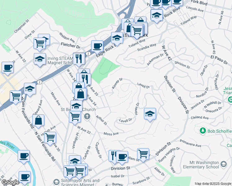 map of restaurants, bars, coffee shops, grocery stores, and more near 3556 Kinney Street in Los Angeles