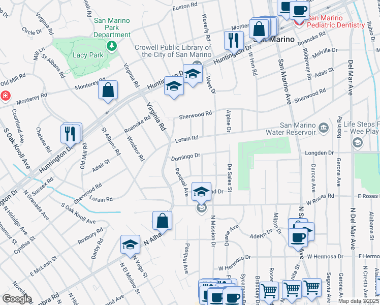map of restaurants, bars, coffee shops, grocery stores, and more near 845 Domingo Drive in San Gabriel