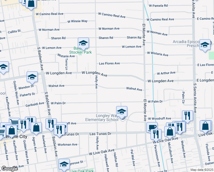map of restaurants, bars, coffee shops, grocery stores, and more near 344 Walnut Avenue in Arcadia