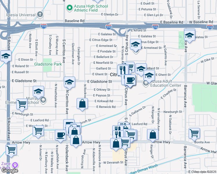 map of restaurants, bars, coffee shops, grocery stores, and more near 5508 North Fenimore Avenue in Azusa