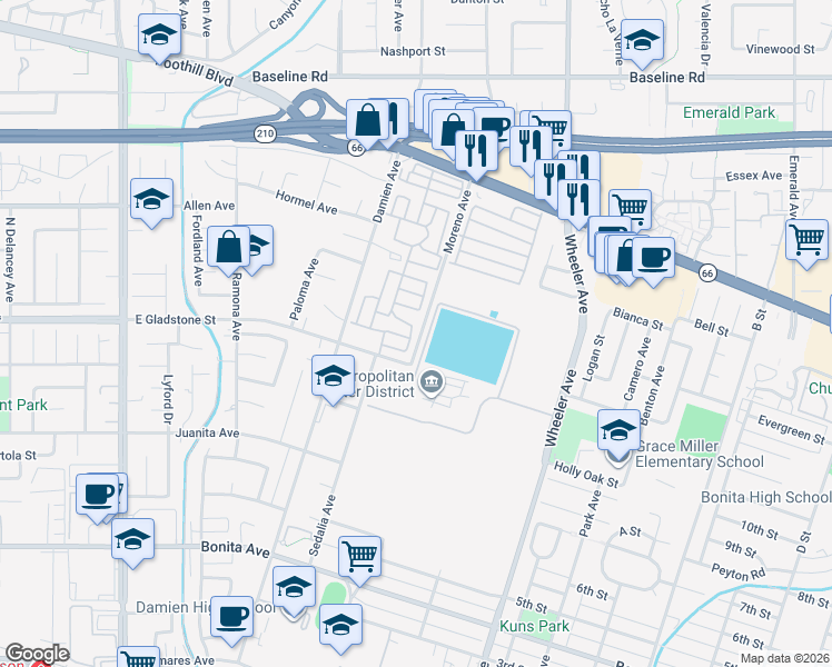 map of restaurants, bars, coffee shops, grocery stores, and more near 3530 Damien Avenue in La Verne