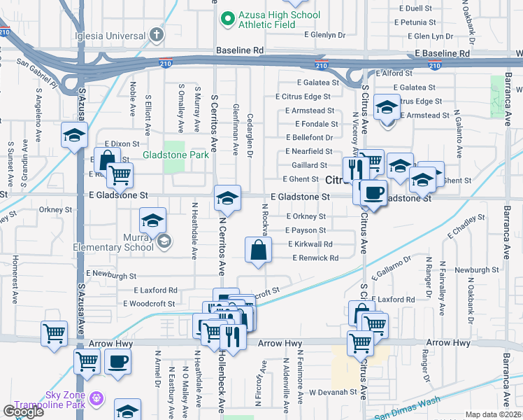 map of restaurants, bars, coffee shops, grocery stores, and more near 5469 North Rockvale Avenue in Azusa