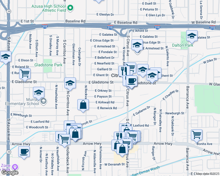 map of restaurants, bars, coffee shops, grocery stores, and more near 5508 North Fenimore Avenue in Azusa