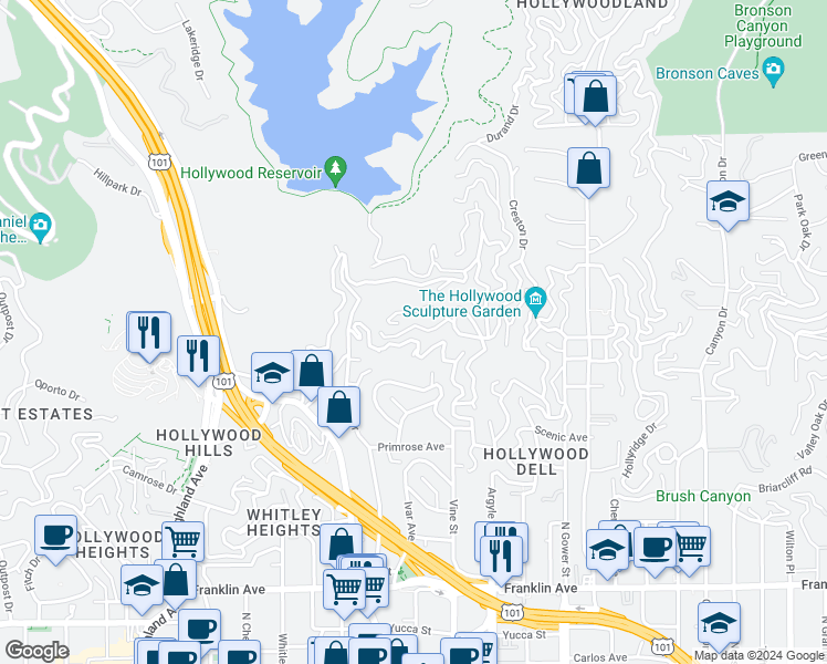 map of restaurants, bars, coffee shops, grocery stores, and more near 6390 Quebec Drive in Los Angeles