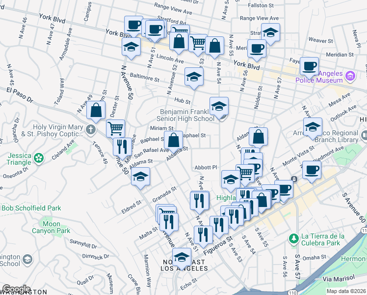 map of restaurants, bars, coffee shops, grocery stores, and more near 470 Holland Avenue in Los Angeles