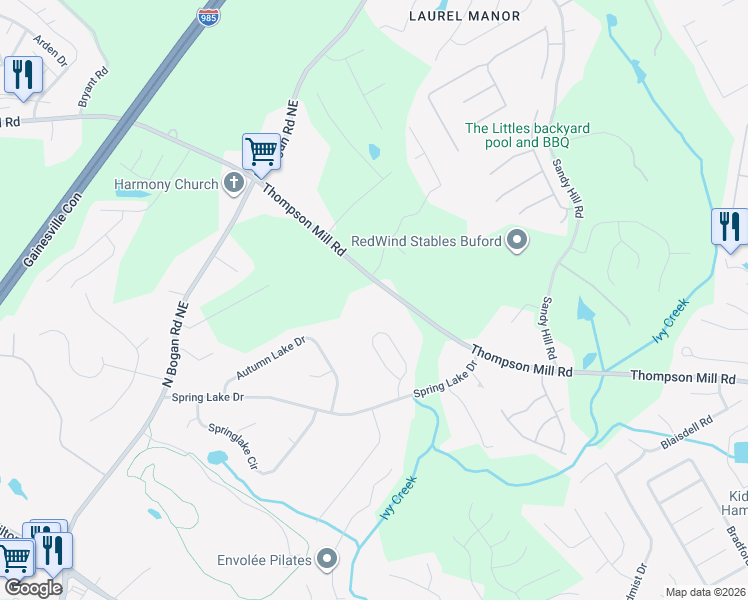map of restaurants, bars, coffee shops, grocery stores, and more near 4200 Thompson Mill Road in Buford