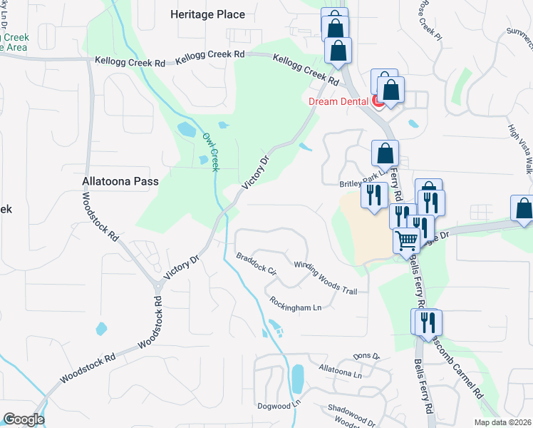 map of restaurants, bars, coffee shops, grocery stores, and more near 1612 Eagle Dr in Woodstock