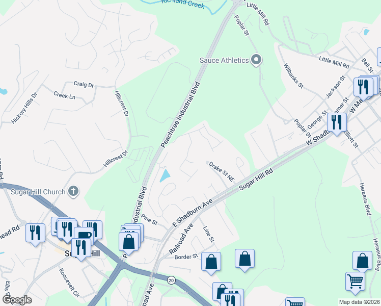 map of restaurants, bars, coffee shops, grocery stores, and more near 4867 Maple Glen Drive in Sugar Hill