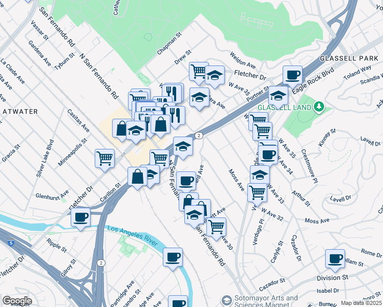 map of restaurants, bars, coffee shops, grocery stores, and more near 2911 North San Fernando Road in Los Angeles
