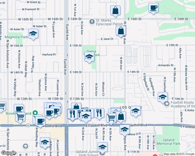 map of restaurants, bars, coffee shops, grocery stores, and more near 1380 North 3rd Avenue in Upland